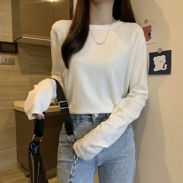 여성 베이직 기본 단색 니트 1P 봄가을 데일리 티셔츠