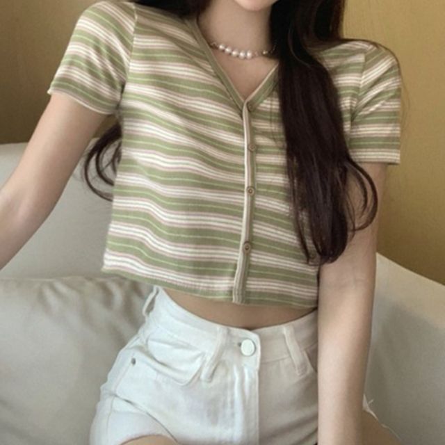 여자 여름 캐주얼 휴가룩 스트라이프 단추 크롭티