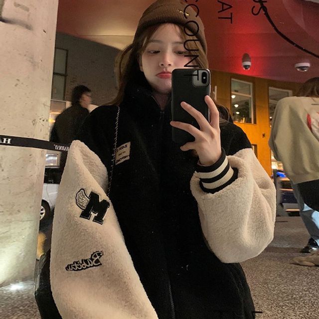 양털 캐주얼 후리스 여성 바시티 야구점퍼