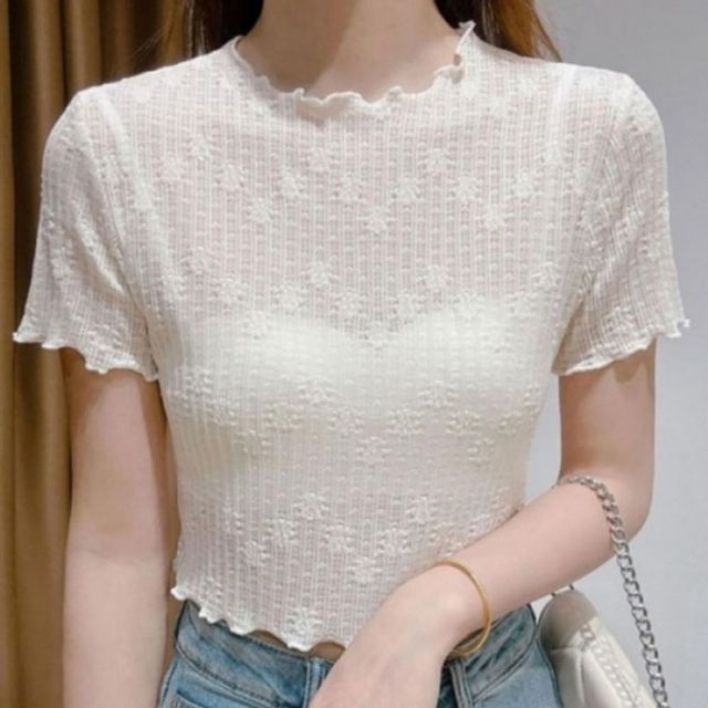 여자 반팔티 여성 프릴 라운드 크롭반팔티 플라워 이너 시스루