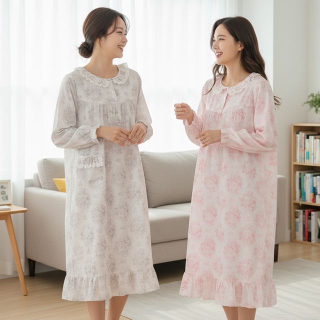 여성 긴팔 원피스 아사면 파자마 홈웨어