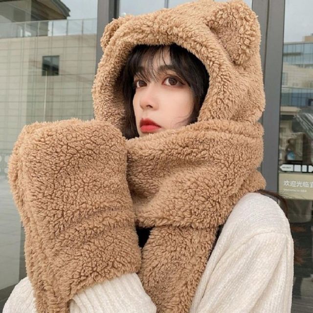 귀여운 동물 캐릭터 후드머플러 3색 일체형 귀달이모자 방한목도리 장갑