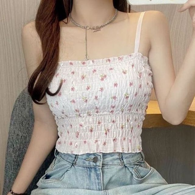 주름 여성 캡나시 크롭탑 민소매 캡내장 여름 끈나시