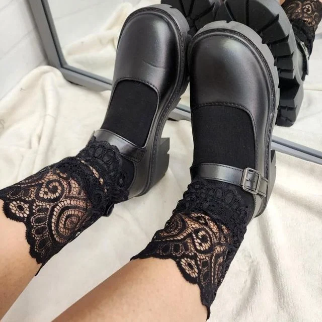 블랙 레이스 포인트 중목 양말 발목 스타킹 여자 간절기 니삭스 타이즈 여성