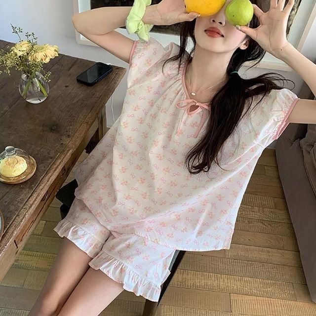 여성홈웨어셋 핑크 리본 잠옷 상하의세트