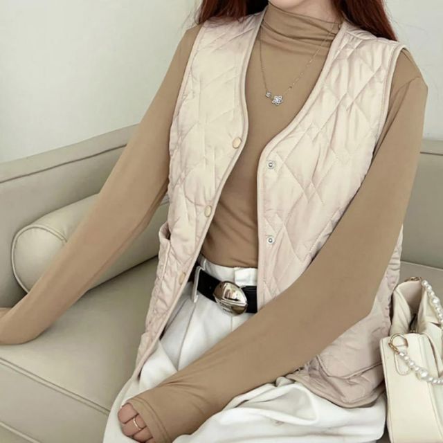여성 겨울 이너 브이넥 누빔 베스트 양모 패딩 조끼