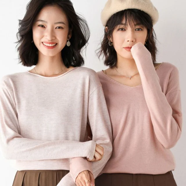 여성 10색 민무늬 브이넥 니트티셔츠