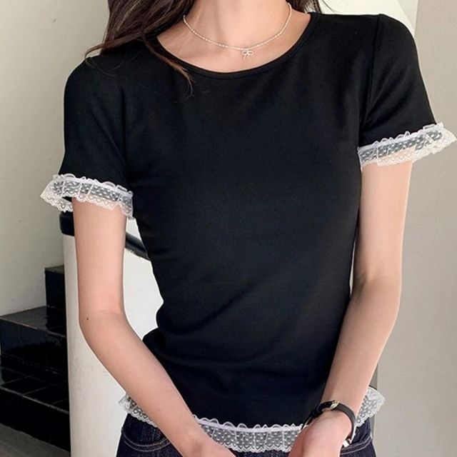여성 블랙 반팔 티셔츠 레이스 슬림핏 여름 상의 데일리 브이넥