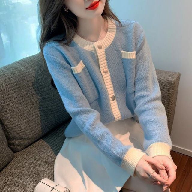 여성봄가디건 예쁜 배색 도톰 아우터 신상 러블리 가디건 블루