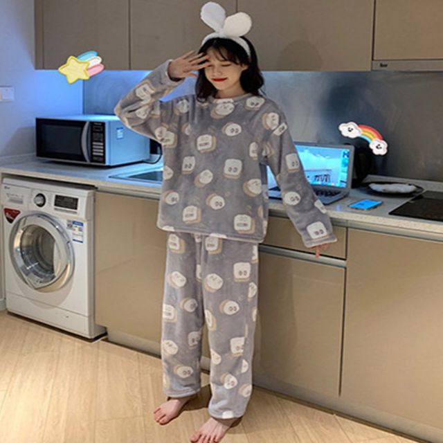 여성 겨울잠옷 부드러운 극세사 수면잠옷 홈웨어 세트