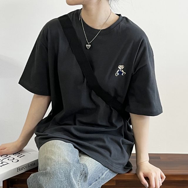 WL 여성 오버핏 순 면 여름 테디베어 반팔 티셔츠 차콜