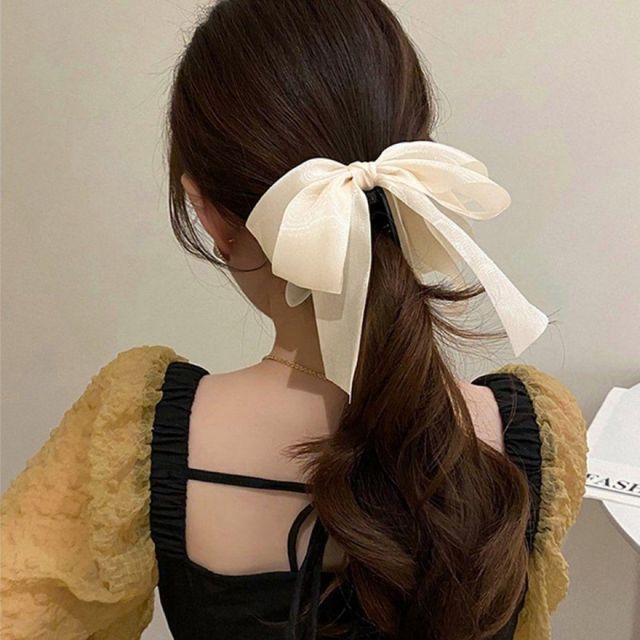 리본 포인트 바나나핀 긴 단발 헤어 집게핀 크림 컬러 머리끈 악세사리