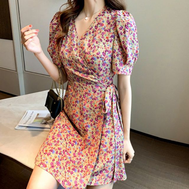 여성 프릴소매 A라인 반팔 미니 랩원피스 바캉스룩