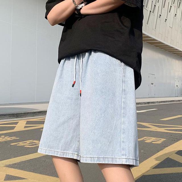 남성 허리 밴딩 와이드 트렌디 버뮤다 데님 청 반바지