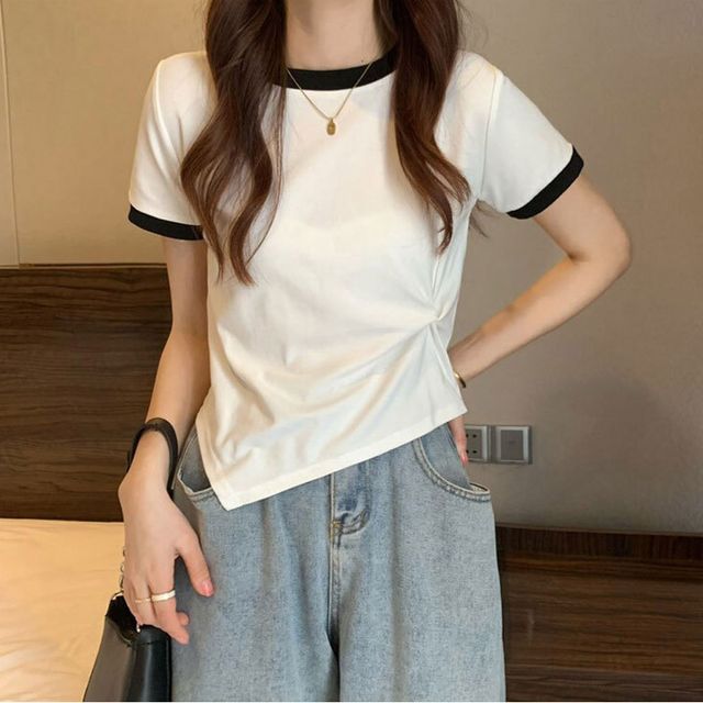 여성 반팔티 허리꼬임 여름 슬림핏 배색 티셔츠 2컬러