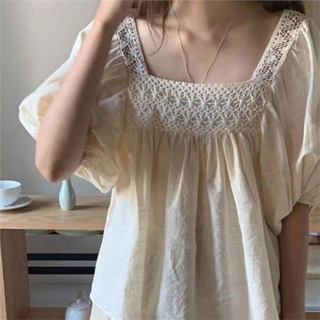 플라워 여성 스퀘어넥 블라우스 레이스 여성 펀칭 블라우스 데일리 하객룩