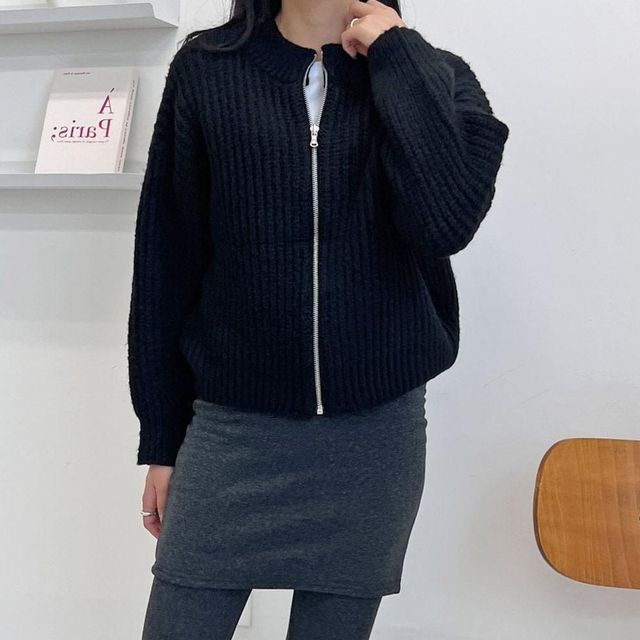 여성 라운드넥넥 니트웨어 지퍼형 가디건 상의