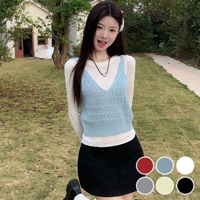 크롭 카라넥 티 베이직 라운드 여성니트 기본핏 롱 봄