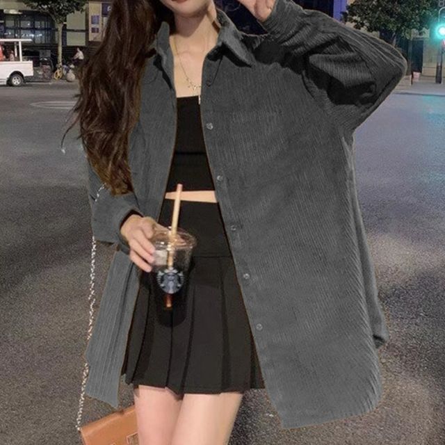 회색 코듀로이 롱셔츠 여성 루즈핏 스트릿 데일리 셔츠블라우스 여성블라우스