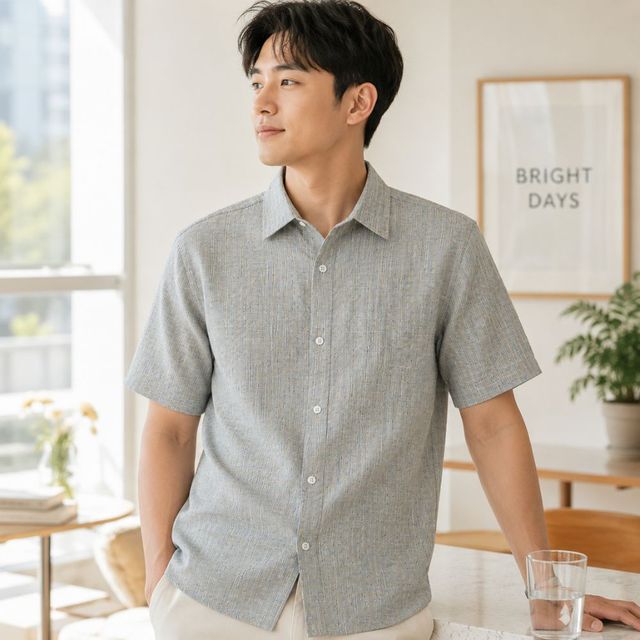 남성 시어서커 그린체크무늬 반팔셔츠 SQ-1010087