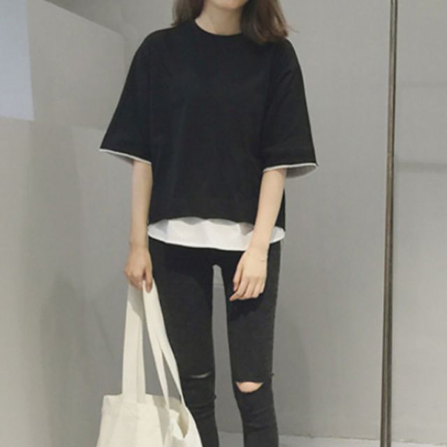 데일리 캐주얼 베이직 레이어드 오버핏 반팔 티셔츠