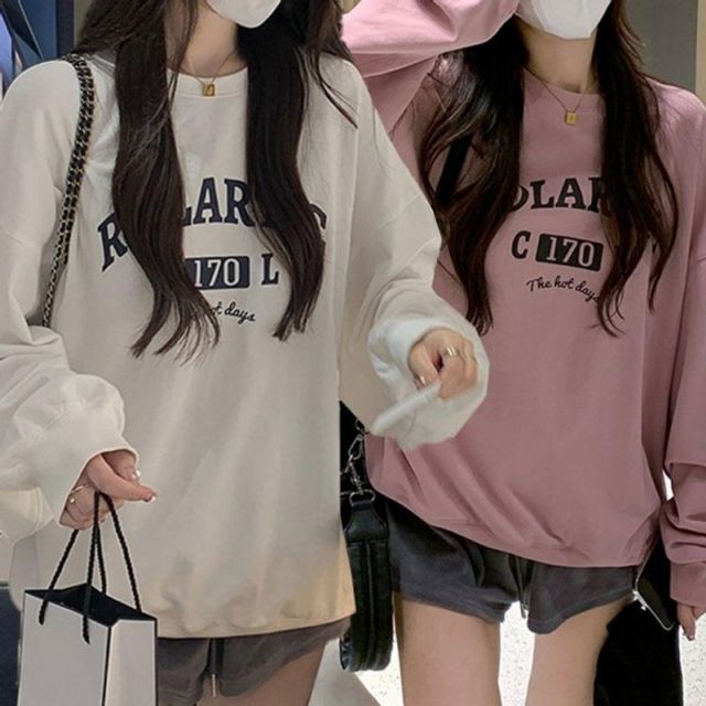 여자 봄철 추절기로고프린트 웜라이닝 크루넥티 여성용 모던 크루넥티 롱셔츠 맨투맨티 롱슬리브티 루즈실