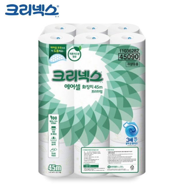 JMds 크리넥스 두루마리 화장지 물에 녹는 프리미엄 에어셀 45m (24롤)