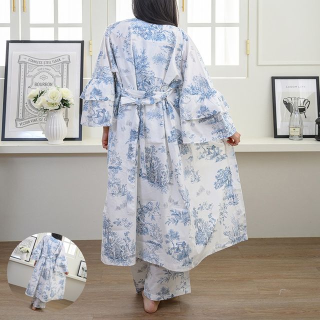 여성면로브가운 여성로브가운 잠옷 디오레 여성용 긴팔 로브 L 블루