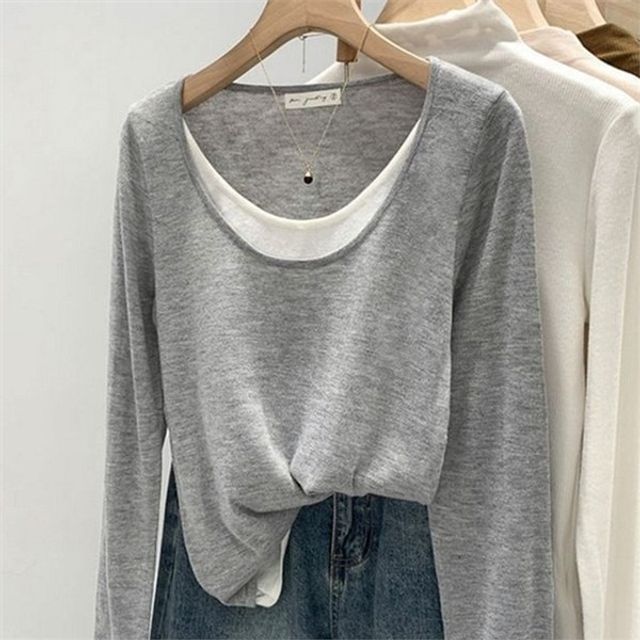 여성 긴팔 티셔츠 U넥 레이어드 간절기 이너웨어 데일리