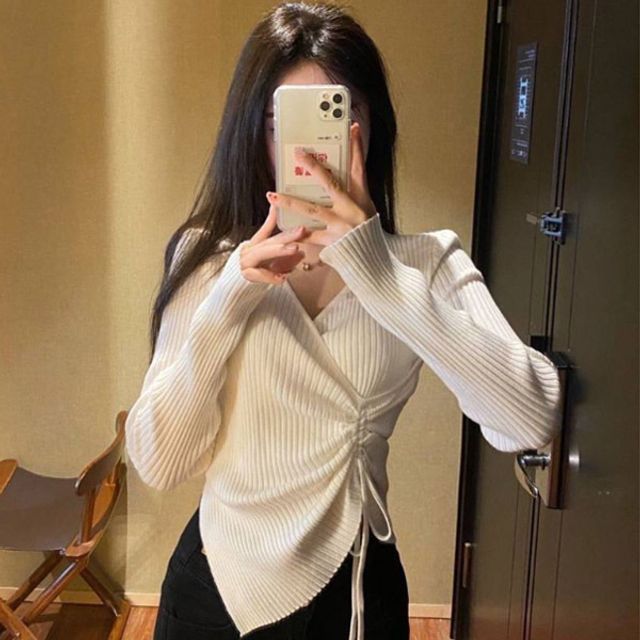 랩 스타일 브이넥 슬림 주름 니트티 여성 긴팔 상의