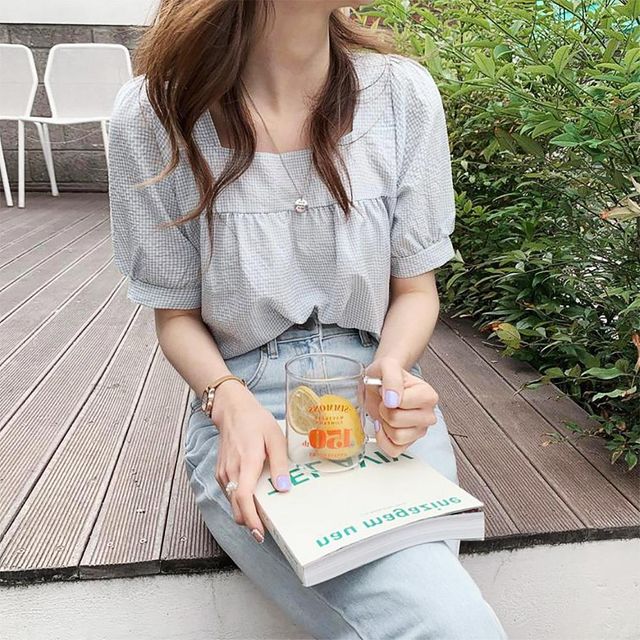 패턴 체크 빅사이즈 여성 셔링 반팔 스퀘어넥 블라우스