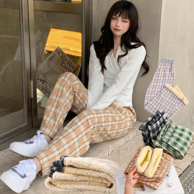 여성 체크 양털 조거 팬츠 방한 융털 바지 겨울 홈웨어