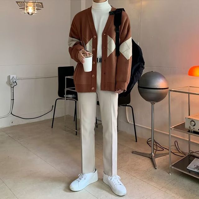 단추 포인트 브이넥 가디건 오버핏 가디건 자켓