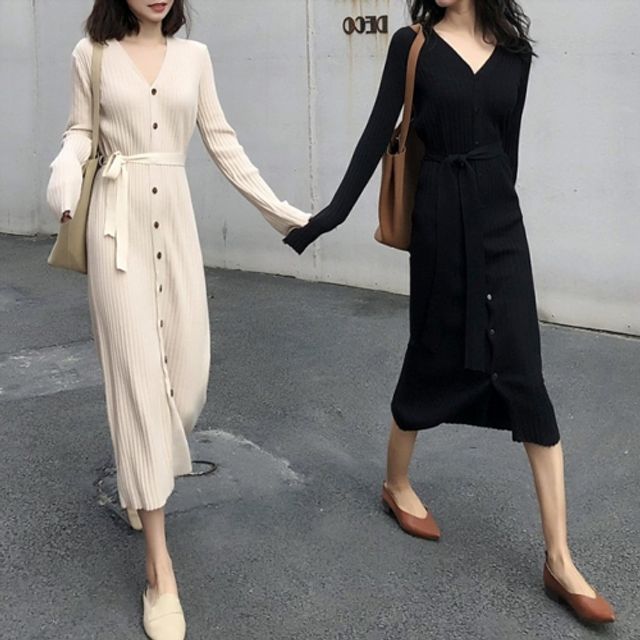 여성 데일리 브이넥 버튼 골지 원피스 슬림한 실루엣 패션