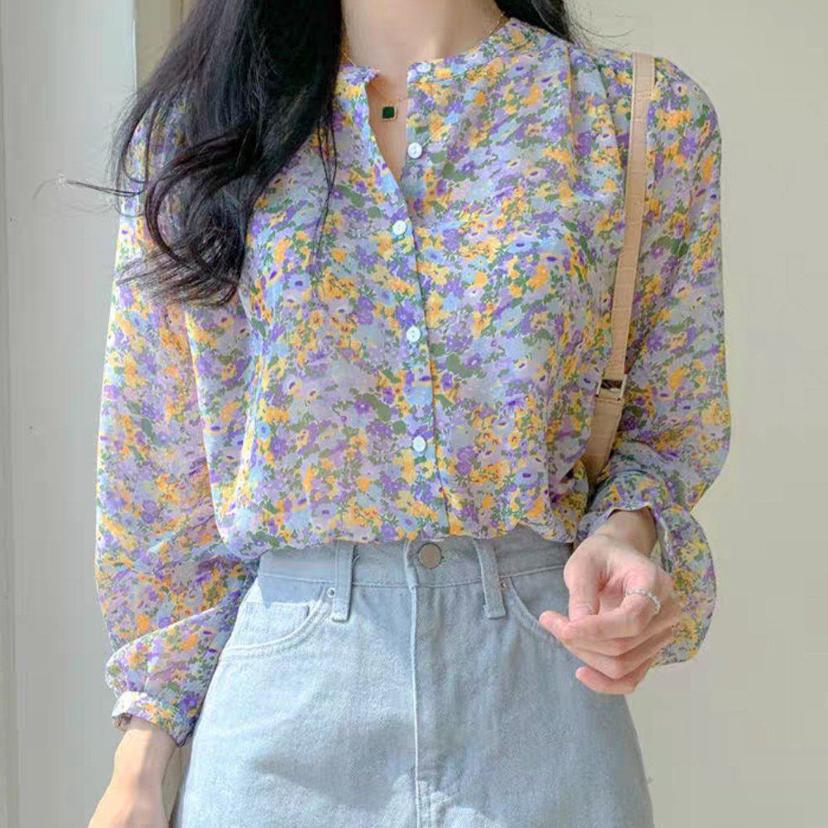 여성 벌룬 소매 꽃무늬 플라워 블라우스 퍼플 데일리룩