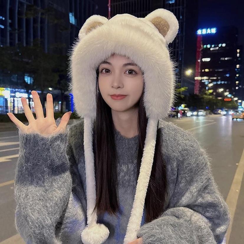 곰돌이 귀 퍼 방울 스트랩 방한 모자 MFNC030082