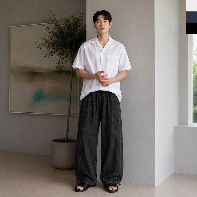 데님 남자 와이드 팬츠 남성 린넨 벤딩 스트링 바지