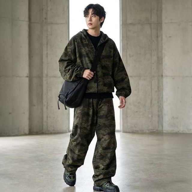 남성 야외활동 카모 전술 루즈핏 바지 와이드팬츠