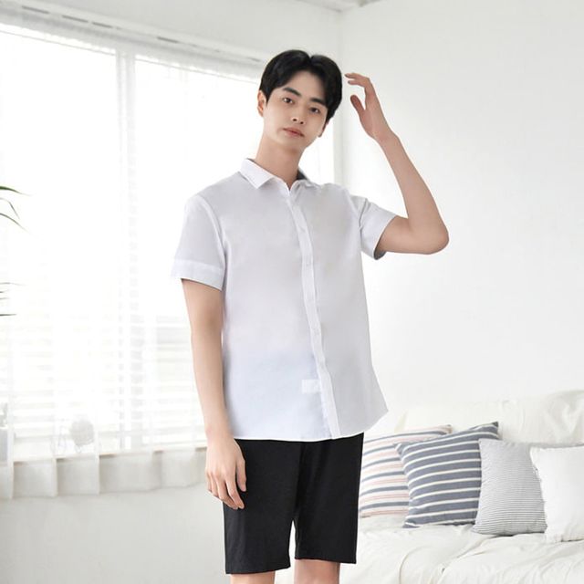 교복몰 빅사이즈 남자 화이트 스판 반팔 셔츠 교복