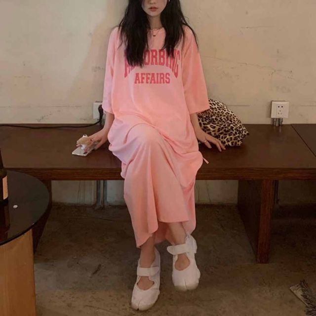 여성 롱원피스 오버핏 반팔 핑크 원피스 여름 롱티 캐주얼 루즈핏