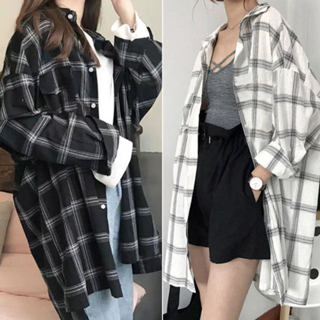 여성 오버핏 베이직 롱 남방 체크 셔츠 봄 가을용