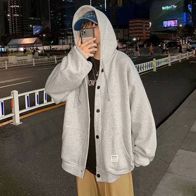 남성 간절기 단추 후드점퍼 스티치 기모 아우터