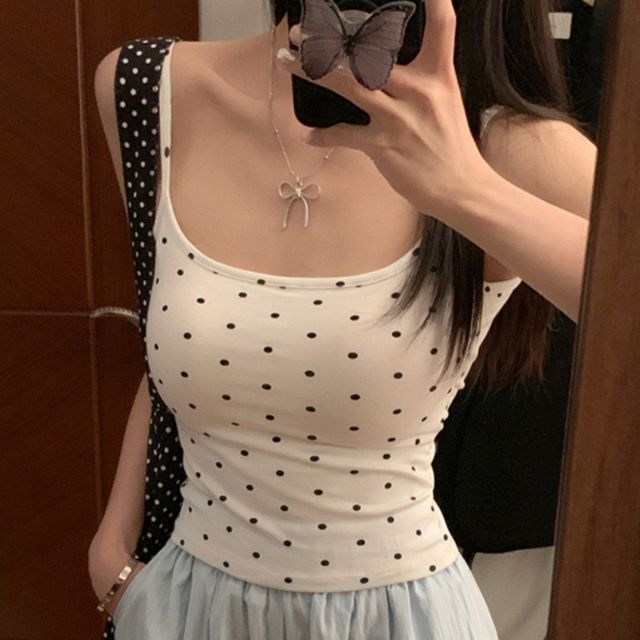 도트 나시탑 캡내장 스타일 포인트 크롭 나시 탑 캐미솔 탱크탑