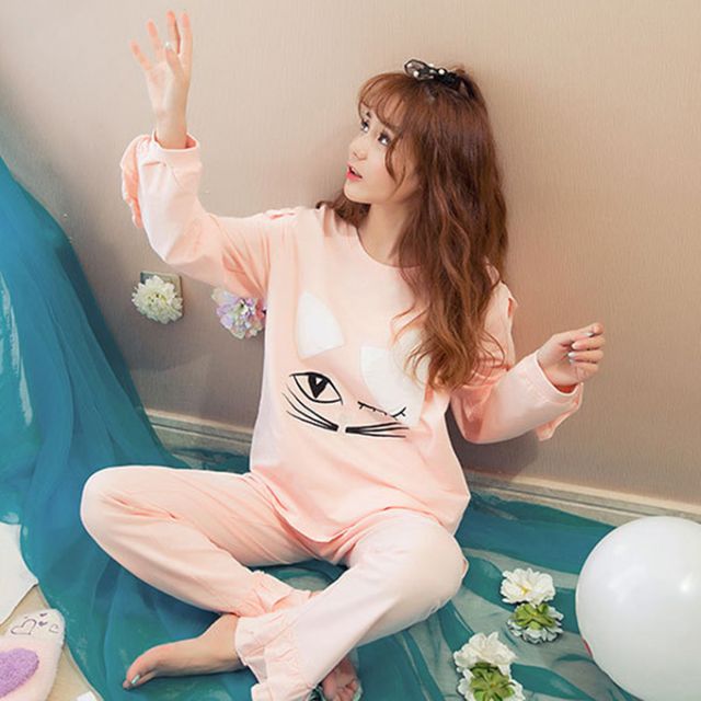 편안한 루즈핏 여성 긴바지 긴팔 파자마 세트