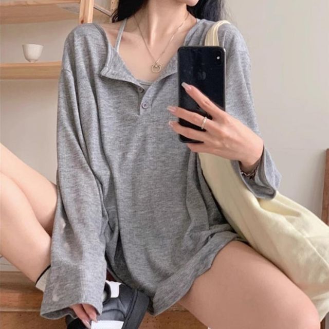회색 헨리넥 긴팔티 여성 데일리룩 버튼 루즈핏 여성티셔츠 무지티 긴팔티셔츠