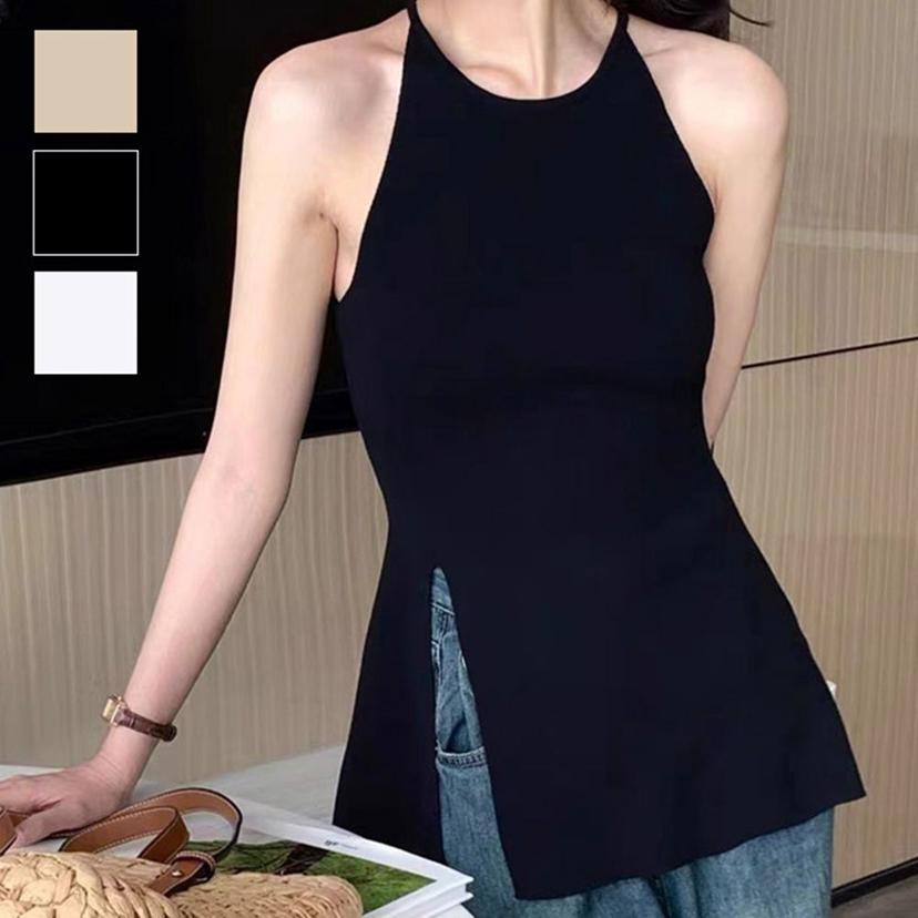 여성 슬림핏 홀터 디자인 나시 티셔츠 롱 기장 상의