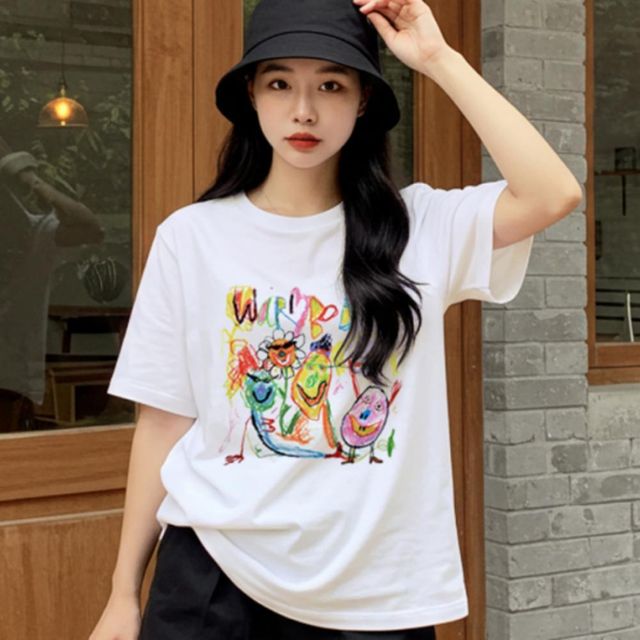여성 프린팅 라운드 반팔티셔츠 여름 빈티지 기본 이너 흰티 면티