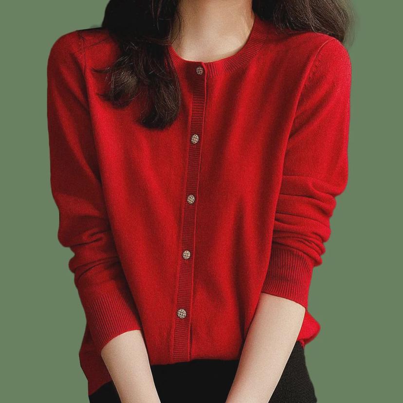 여성 봄 가을 무지 라운드 예쁜 단추 가디건 - 레드
