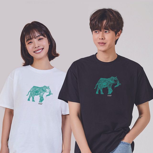 남성 반팔셔츠 코끼리 그래픽 티셔츠, 화이트 검정