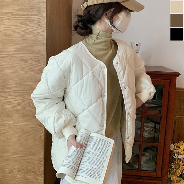 여성 루즈핏 마름모 무늬 라운드넥 패딩 1P 아우터